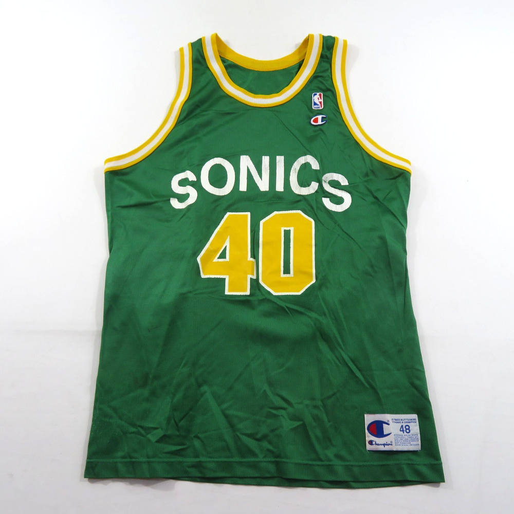 Champion Shawn Kemp Seattle Sonics Jersey Basketball Green White Gold Sz 48 90s